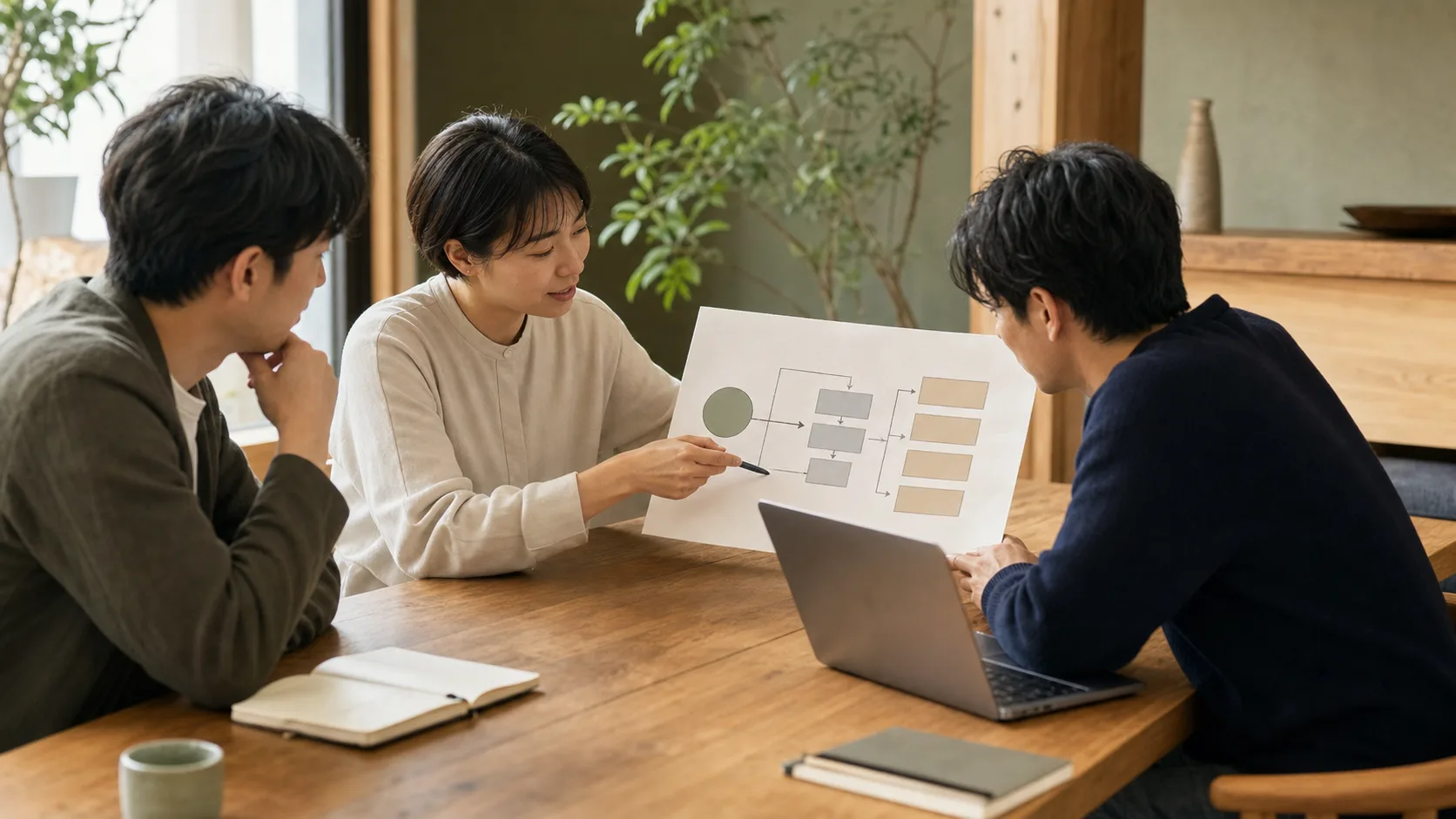 事業担当者とエンジニアが共通の図を見ながら認識をそろえる打ち合わせ風景