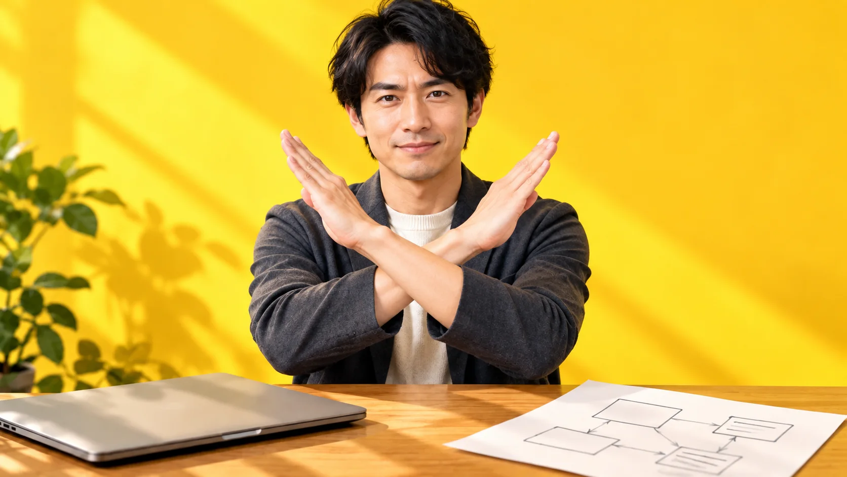 閉じたノートPCの前で、両腕を交差させてストップの意思を示す人物