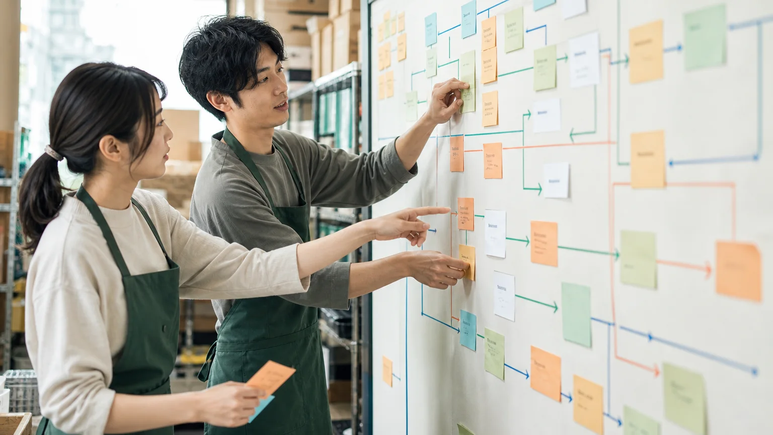 業務の流れをボードに整理する店舗スタッフ