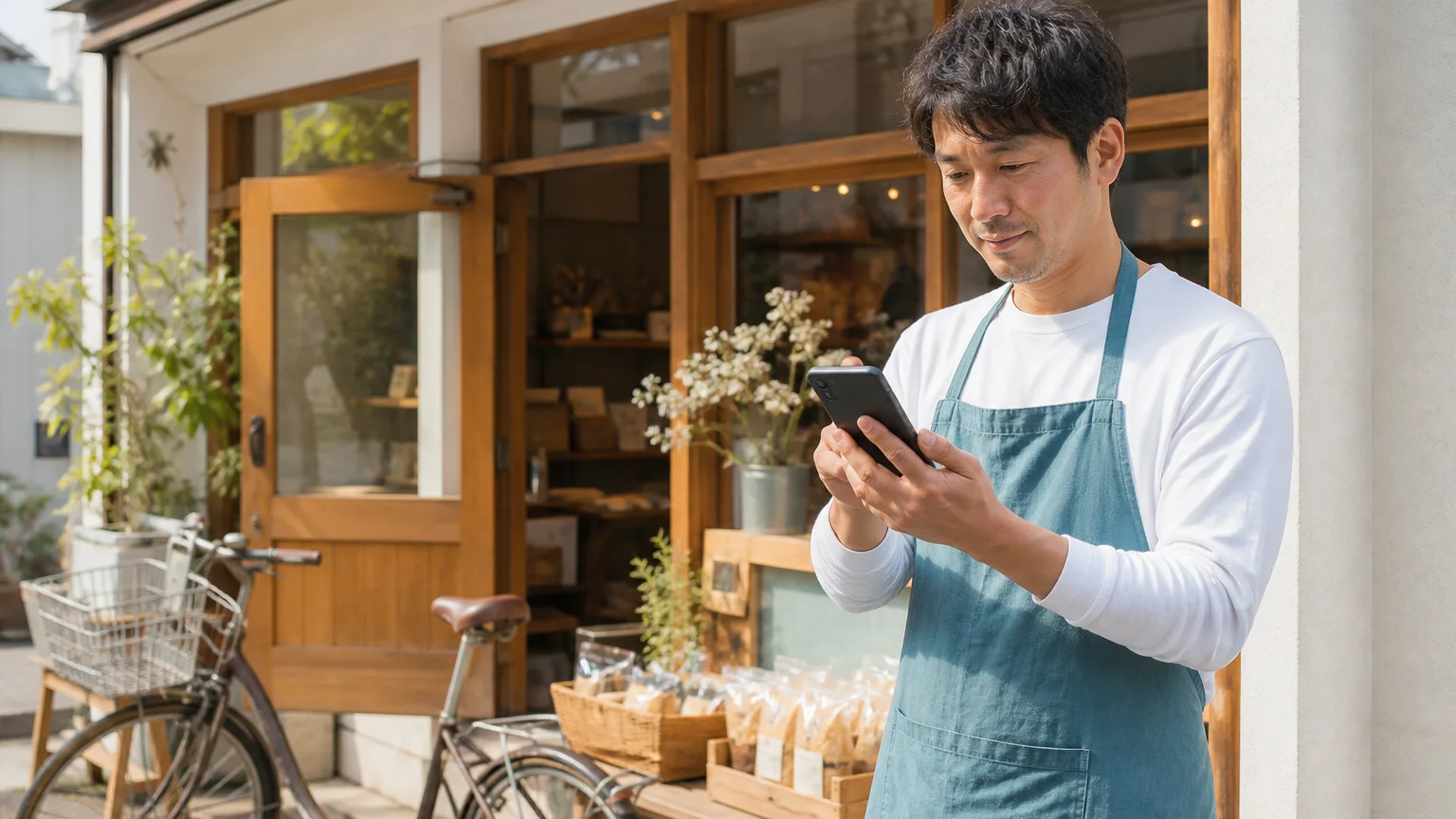 店舗の前でスマートフォンのホームページを確認する店主
