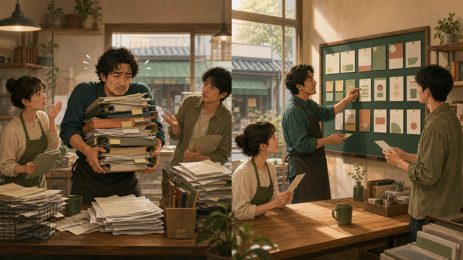 一人に書類が集中した職場と、進捗をチーム共有する職場の比較