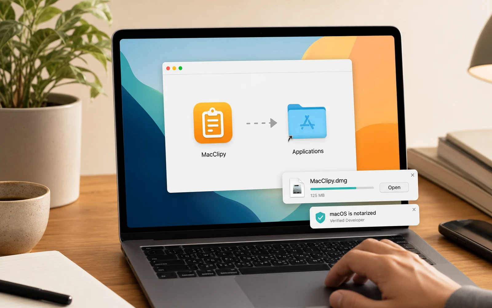 MacClipyのDMGをApplicationsフォルダへドラッグしてインストールする画面イメージ